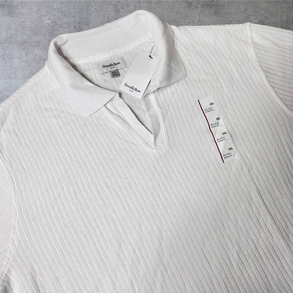 New Goodfellow‎ & Co. Ribbed Polo Shirt Mens XXL White V-Neck Short Sleeve Top